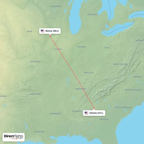 Moline - Atlanta direct flight map