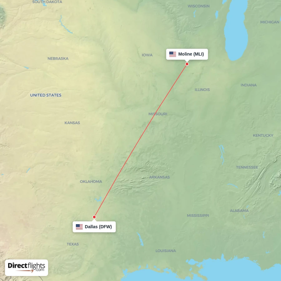 MLI - DFW route map