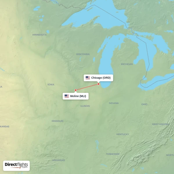 Moline - Chicago direct flight map