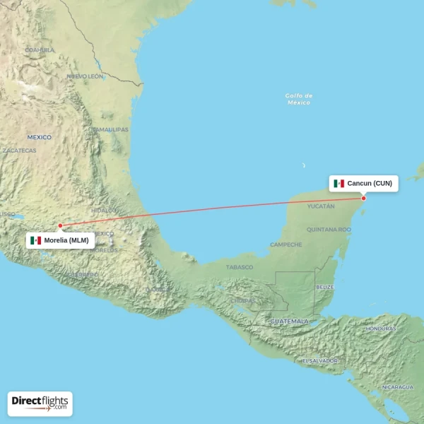Morelia - Cancun direct flight map
