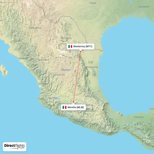 Morelia - Monterrey direct flight map
