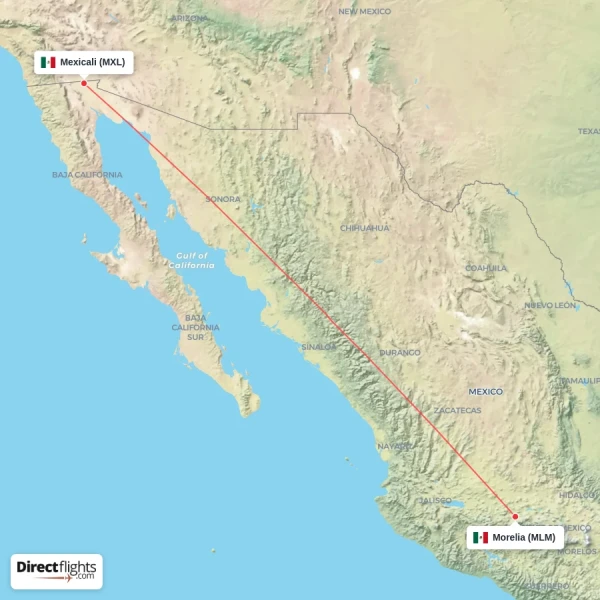 Morelia - Mexicali direct flight map