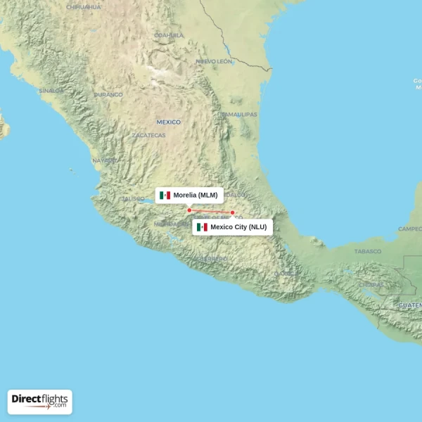 Morelia - Mexico City direct flight map