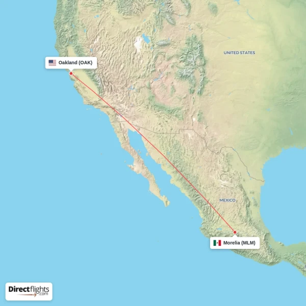 Morelia - Oakland direct flight map