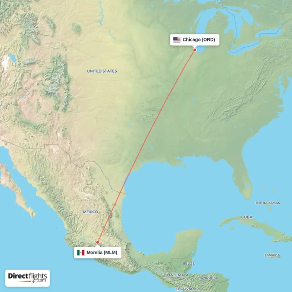 Morelia - Chicago direct flight map
