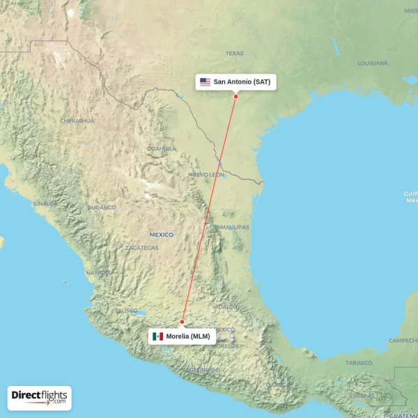Morelia - San Antonio direct flight map