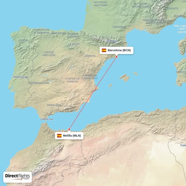 Melilla - Barcelona direct flight map