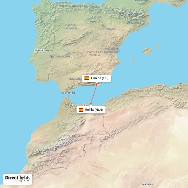 Melilla - Almeria direct flight map