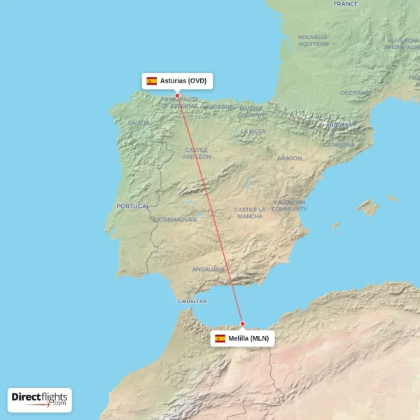 Melilla - Asturias direct flight map