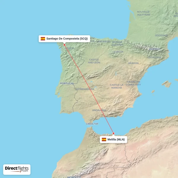 Melilla - Santiago De Compostela direct flight map