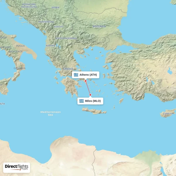 Milos - Athens direct flight map