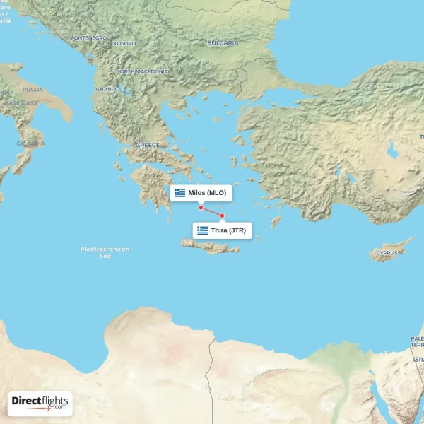 Milos - Thira direct flight map