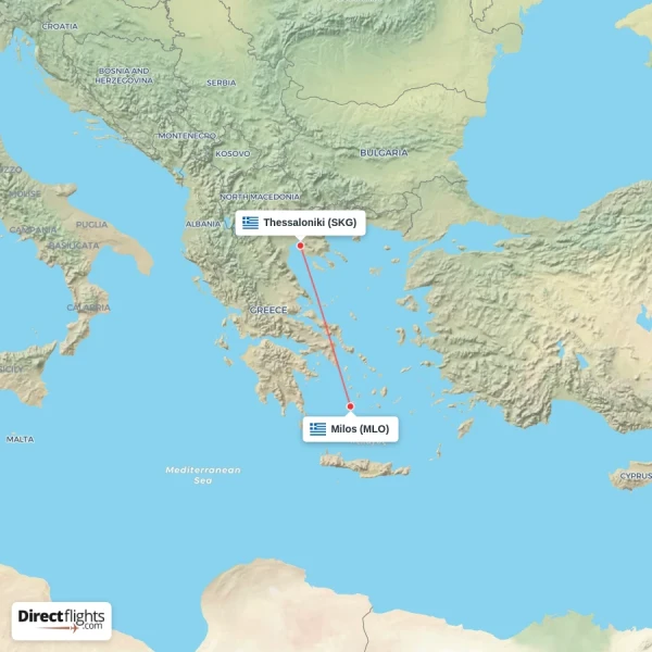 Milos - Thessaloniki direct flight map