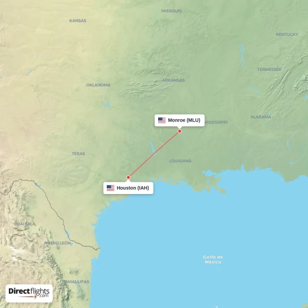 Monroe - Houston direct flight map