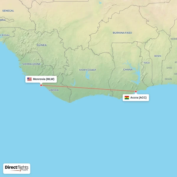 Monrovia - Accra direct flight map
