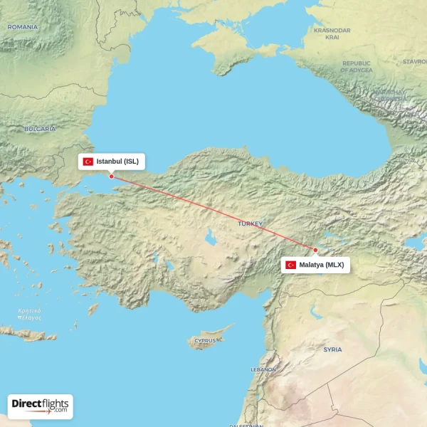 Malatya - Istanbul direct flight map