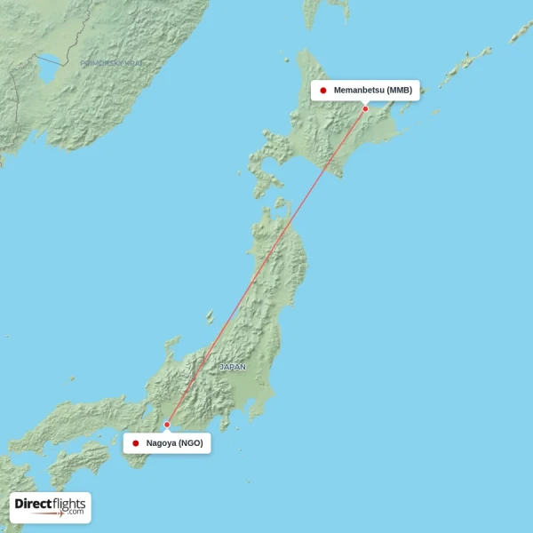 Memanbetsu - Nagoya direct flight map