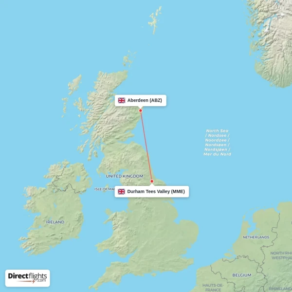 Durham Tees Valley - Aberdeen direct flight map