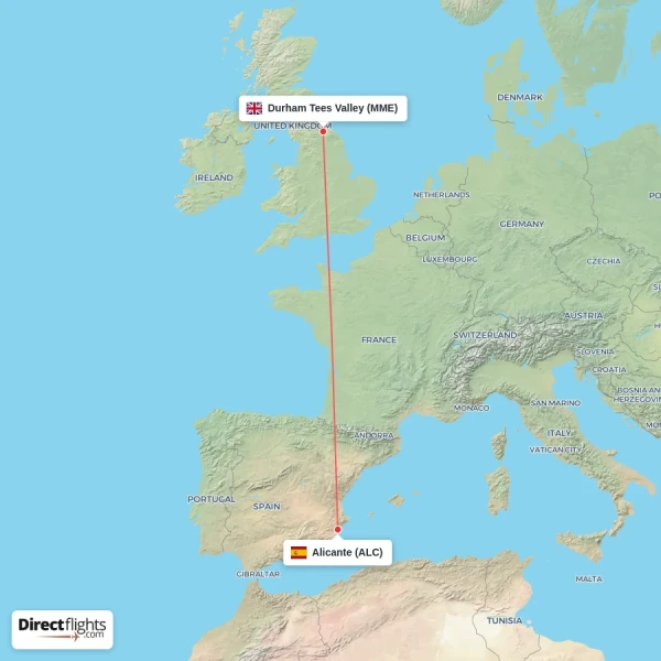 Durham Tees Valley - Alicante direct flight map