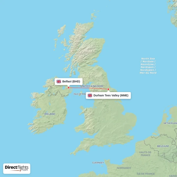 Durham Tees Valley - Belfast direct flight map