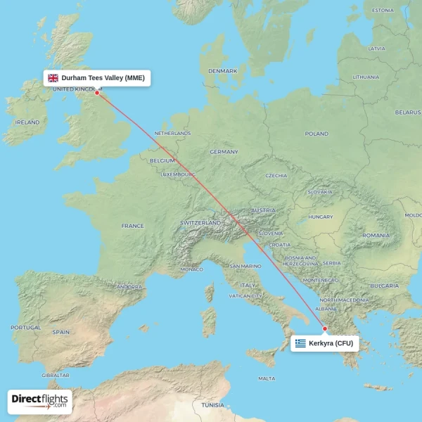 Durham Tees Valley - Kerkyra direct flight map