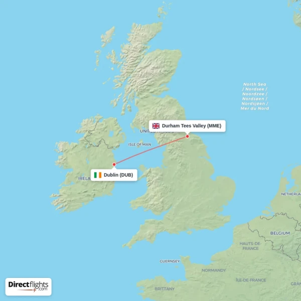 Durham Tees Valley - Dublin direct flight map