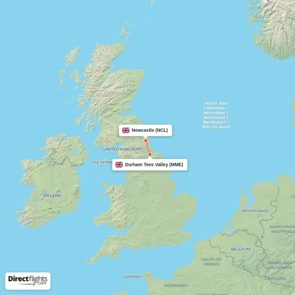 Durham Tees Valley - Newcastle direct flight map