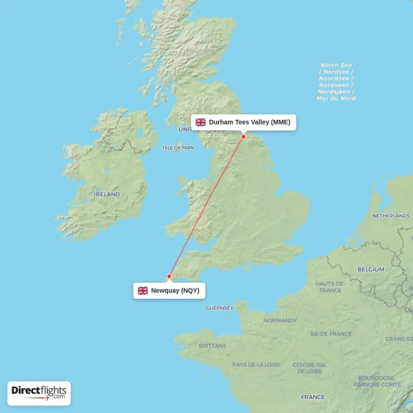 Durham Tees Valley - Newquay direct flight map
