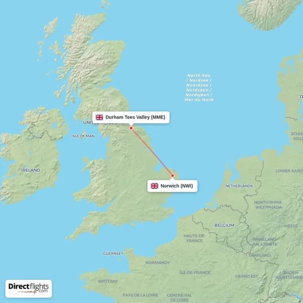 Durham Tees Valley - Norwich direct flight map