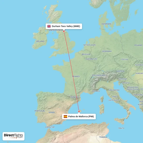 Durham Tees Valley - Palma de Mallorca direct flight map