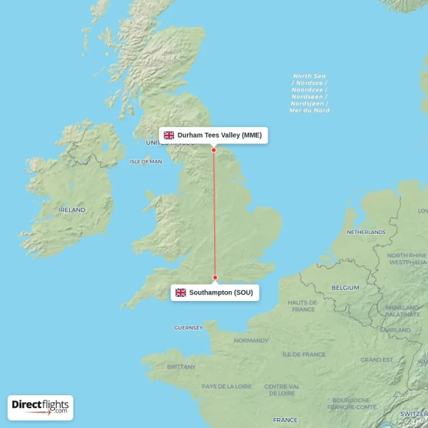 Durham Tees Valley - Southampton direct flight map
