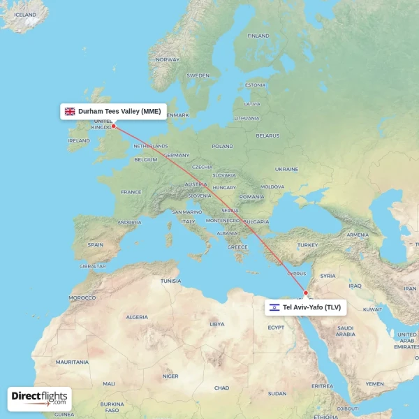 Durham Tees Valley - Tel Aviv-Yafo direct flight map