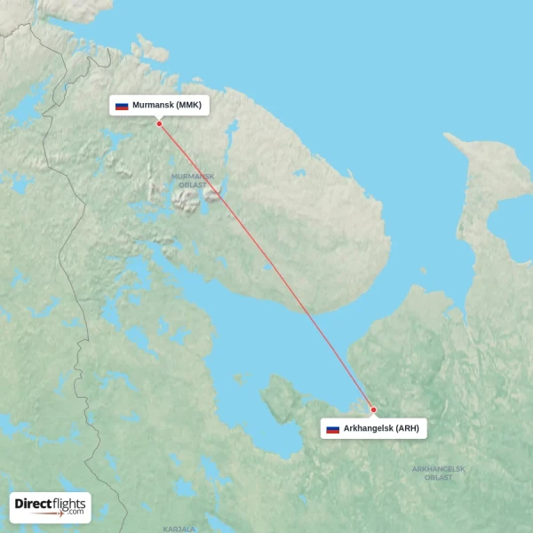 Murmansk - Arkhangelsk direct flight map