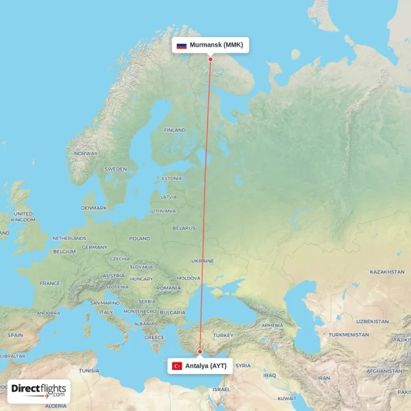 Murmansk - Antalya direct flight map