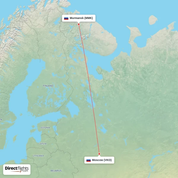 Murmansk - Moscow direct flight map