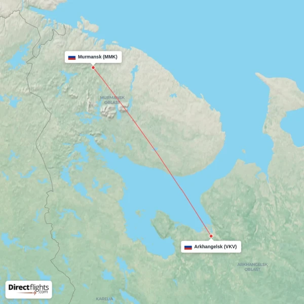 Murmansk - Arkhangelsk direct flight map