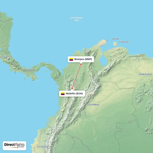 Mompos - Medellin direct flight map