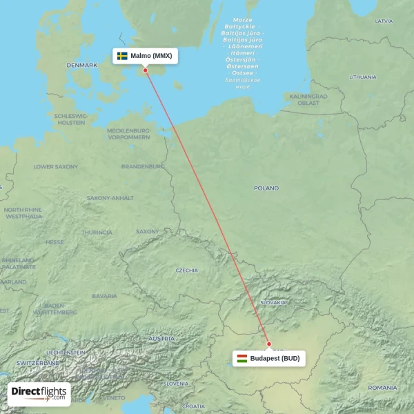 Malmo - Budapest direct flight map