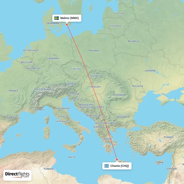 Malmo - Chania direct flight map