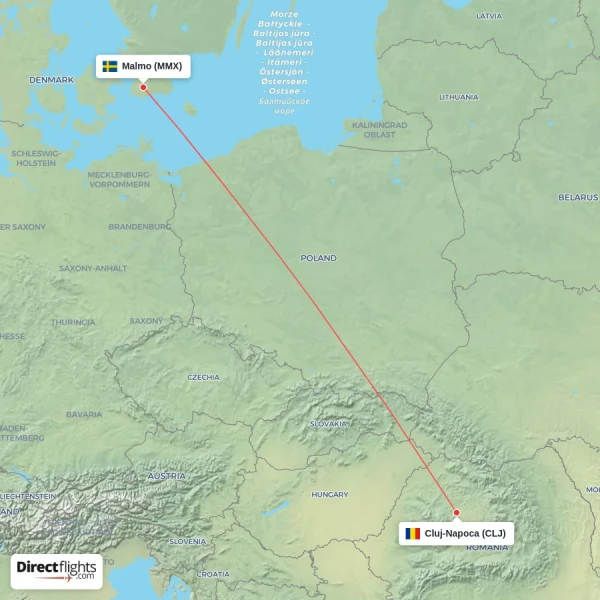 Malmo - Cluj-Napoca direct flight map