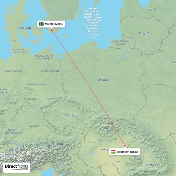 Malmo - Debrecen direct flight map