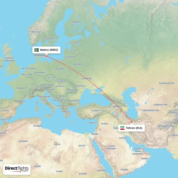 Malmo - Tehran direct flight map