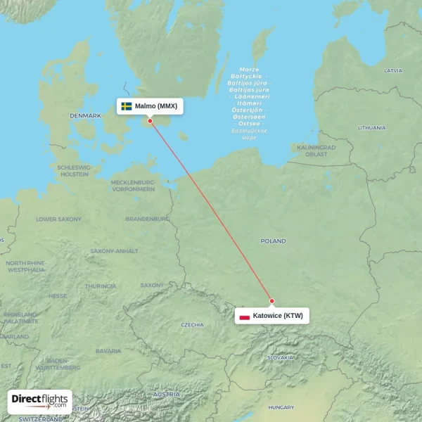 Malmo - Katowice direct flight map