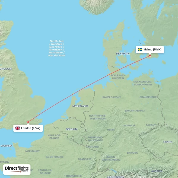 Malmo - London direct flight map