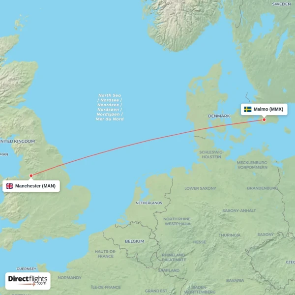 Malmo - Manchester direct flight map