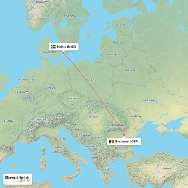 Malmo - Bucharest direct flight map