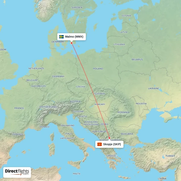 Malmo - Skopje direct flight map