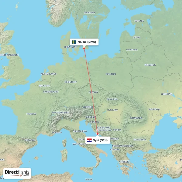 Malmo - Split direct flight map