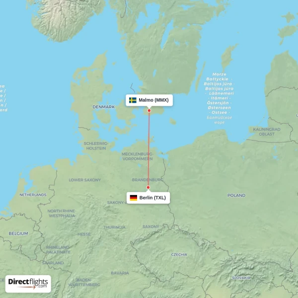 Malmo - Berlin direct flight map