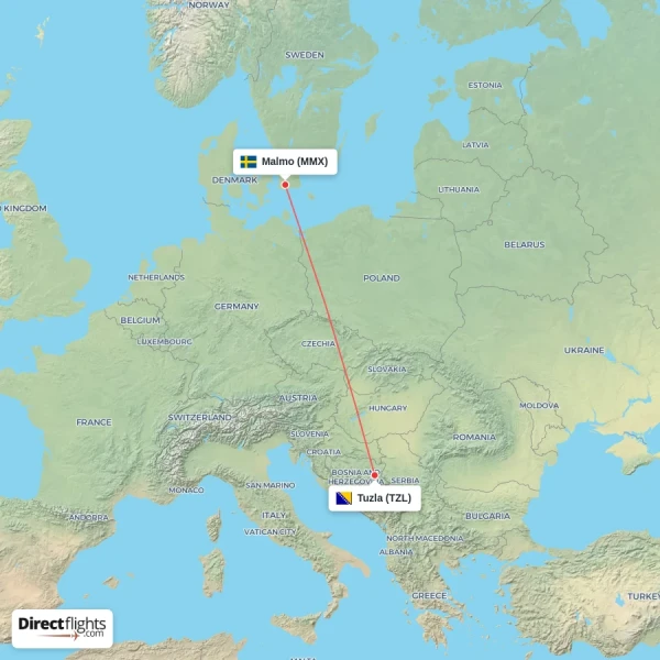 Malmo - Tuzla direct flight map